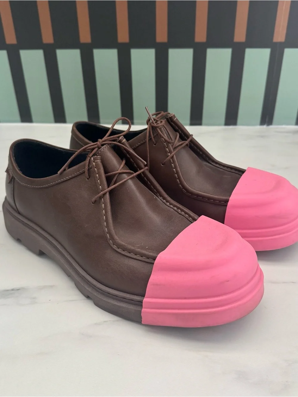 Camper Junction Brown Leather Shoes w/ Pink Removable Rubber Cap Toe – Size 10.5